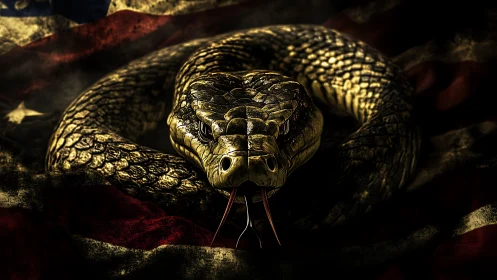 Coiled viper rendered in high-contrast lighting on worn US flag