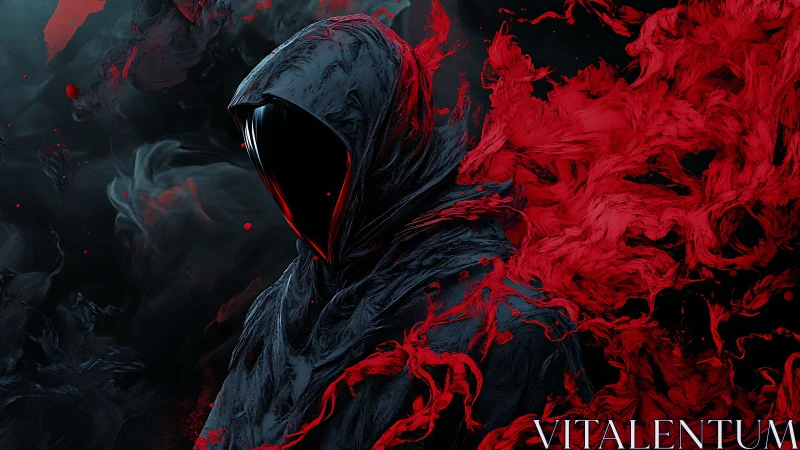 Hooded void figure stands amid erupting red spectral smoke