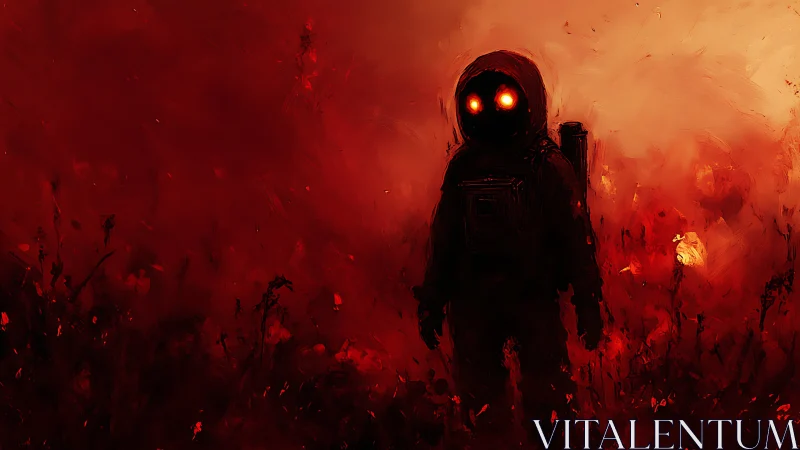 Lone astronaut silhouette stands in burning crimson wasteland