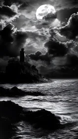 Monochrome seascape with lighthouse under dramatic full moon.