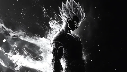 Silhouetted anime warrior ignites with blazing monochrome energy.