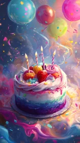 Vibrant Birthday Cake Surrounded by Colorful Balloons and Confetti