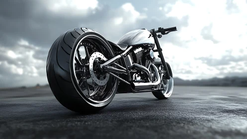 Custom chrome motorcycle on wet asphalt under cloudy sky.