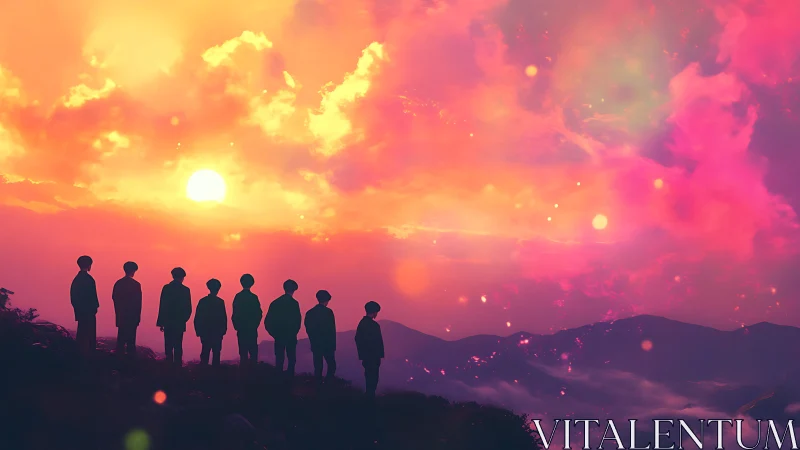 Silhouetted figures stand before a multi‑hued sunset sky