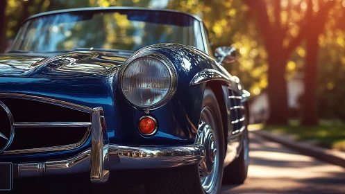 Classic blue roadster captured in golden hour shallow focus