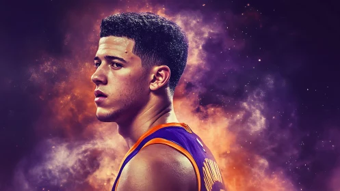 Basketball player portrait in purple and orange cosmic light.