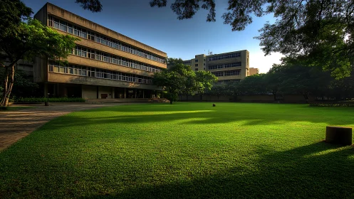 Modernist campus courtyard with low-rise academic blocks at dawn