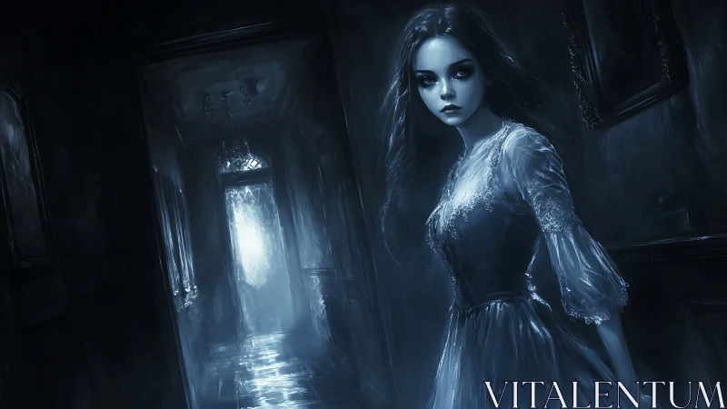 Young female figure stands in dim corridor with backlit doorway