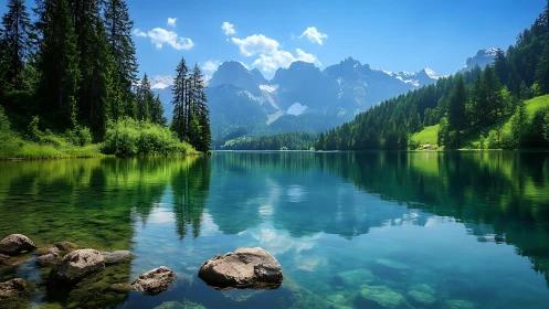 Mountain lake landscape with forest shoreline and reflections.