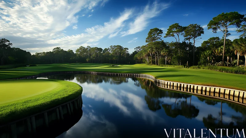 Lakeside golf green with calm water and tall pine trees.