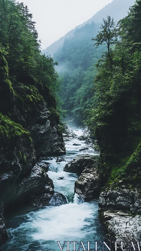Mountain river carves through misty forest gorge at dawn.