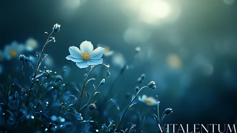 Blue Cosmos Flower in Misty Garden.