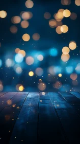 Soft golden lights drift above a quiet midnight wooden floor