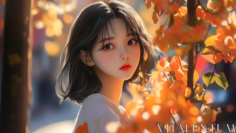 Digital painting portrait with autumn bokeh composition.