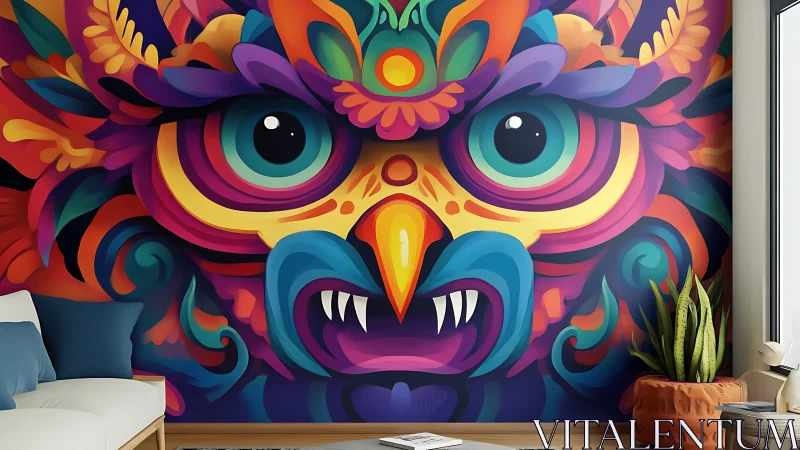 Color-drenched owl mural energizes a modern living room wall.