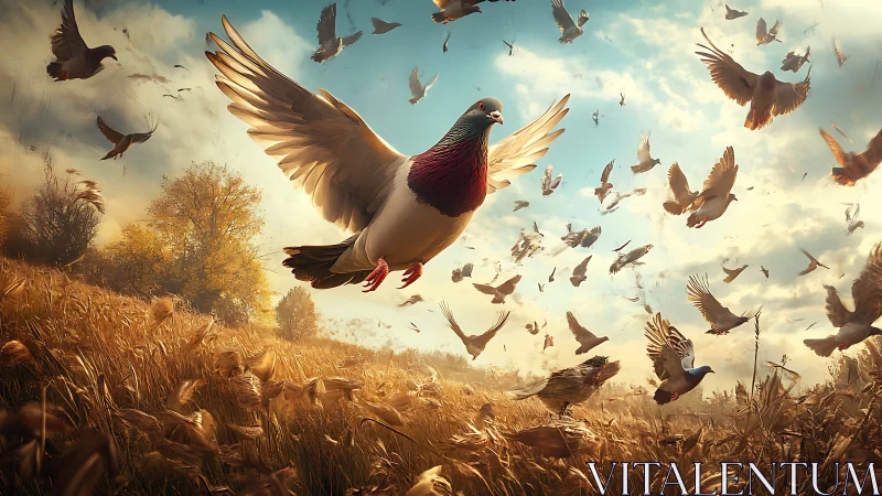 Majestic flock of pigeons soaring over golden wheat field at dawn.