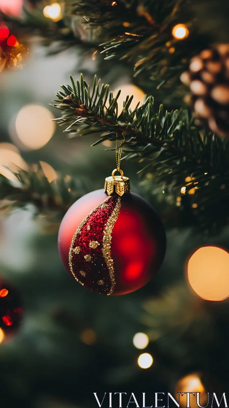 Glowing crimson bauble quietly conducts the tree lights