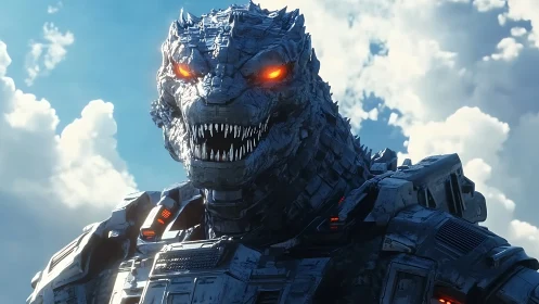 3D mechanized kaiju portrait under high-contrast daylight sky.