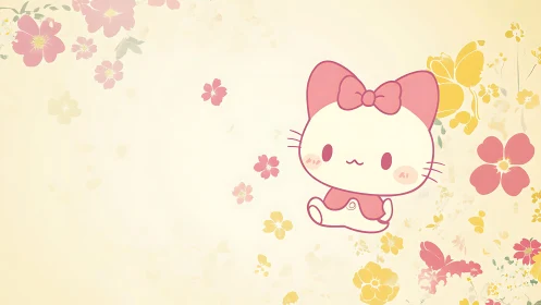 Anime pastel kitten with floral negative space composition.