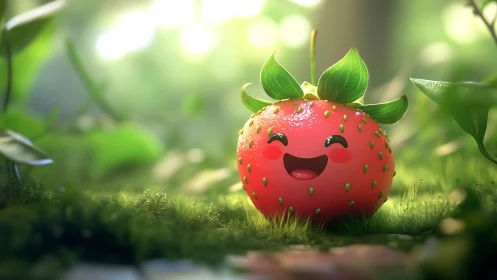 Smiling cartoon strawberry character sits on mossy forest floor
