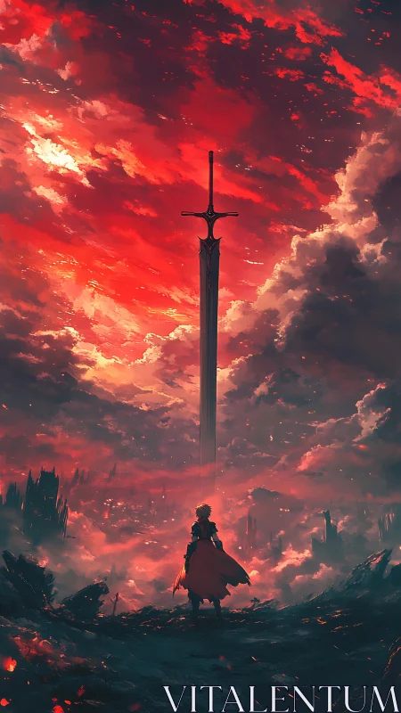 Warrior observes colossal sword under red storm sky