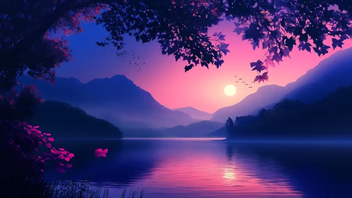 Moonrise over violet lake in neon twilight hush.