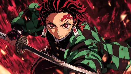 Fiery-eyed swordsman lunging through embers in battle stance.