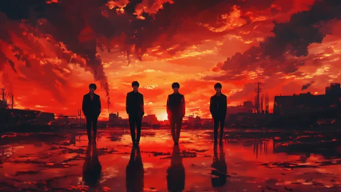 Silhouetted figures in red industrial sunset landscape.