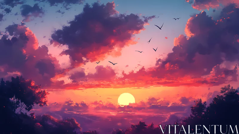 Digital sunset landscape shows stylized sky and foliage