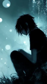 Moonlit loner curled in rainlit teal silence of nightfall.