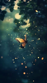 Orange butterfly glows amid teal forest bokeh lights.