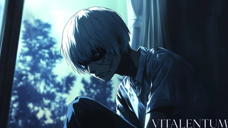 White haired boy in blue nocturnal backlight, stitched mask.