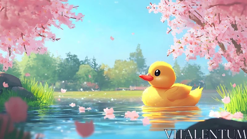 Blossom-kissed rubber duck drifting through pastel spring.