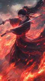 Flame-wreathed samurai warrior wielding twin katanas.