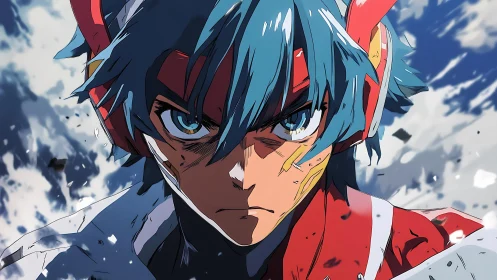 Focused blue haired anime warrior in red armor portrait.