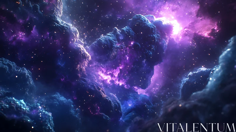 Luminous violet nebula envelops dense cosmic cloud forms