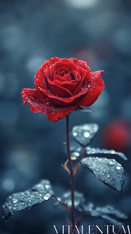 Fully Bloomed Red Rose with Water Droplet Saturation and Bokeh Blur