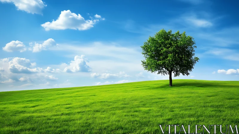 Solitary tree on lush green hill under vibrant blue sky, realistic style.
