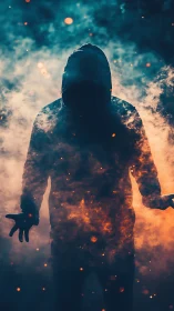 Hooded figure silhouette stands within dense colored smoke