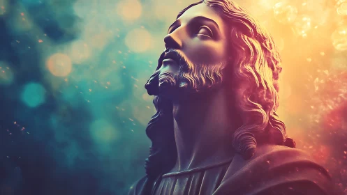 Reverent stone bust gazes toward glowing celestial light