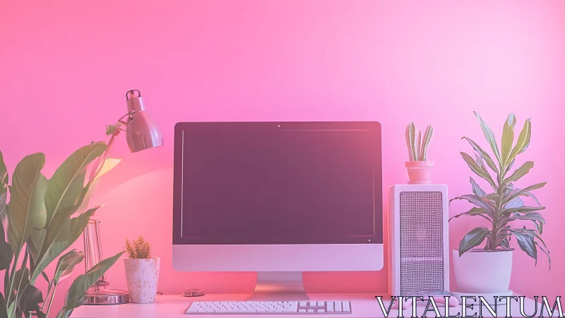 Desktop computer setup is arranged against a pink wall