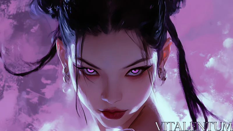 Enchanting sorceress gazes forward in vivid violet haze