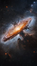 Spiral galaxy over rising dark nebula in deep space scene.