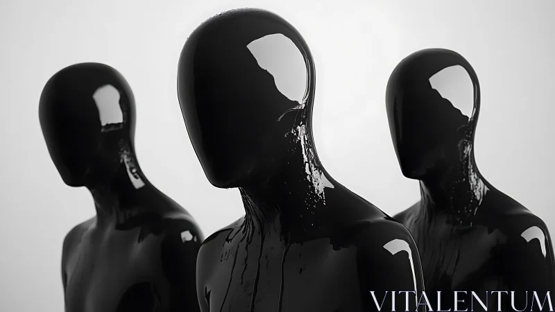 Three glossy black humanoid figures stand in formation