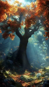Ancient Tree Glowing in Golden Autumn Light