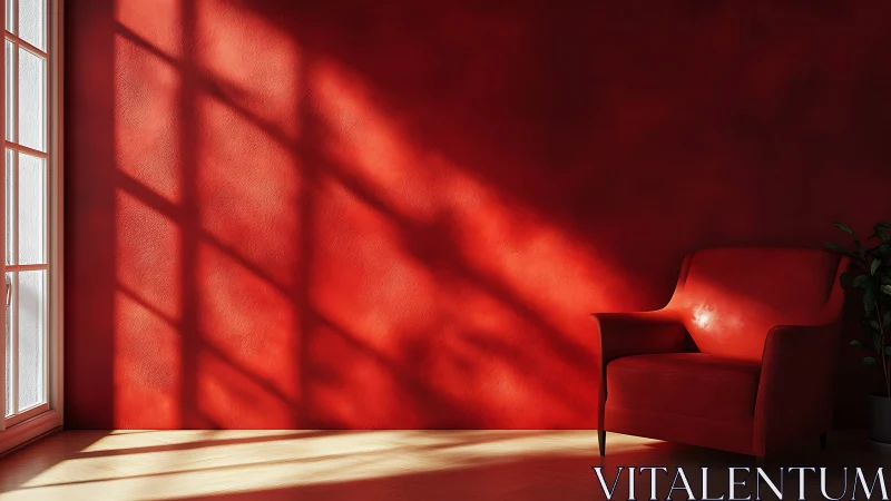 Crimson lounge chair in sunlit minimalist interior scene.