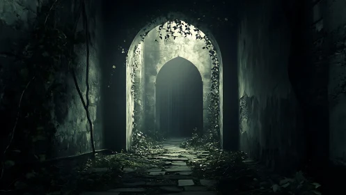 Whispering ivy portal in a forsaken stone corridor dreamscape.
