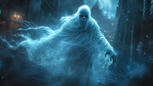 Translucent spectral figure advances through narrow alleyway