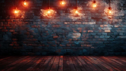 Exposed filament bulbs over worn brick wall and floor.