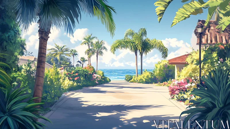 Sunlit palm-lined path gently opens toward a calm sea